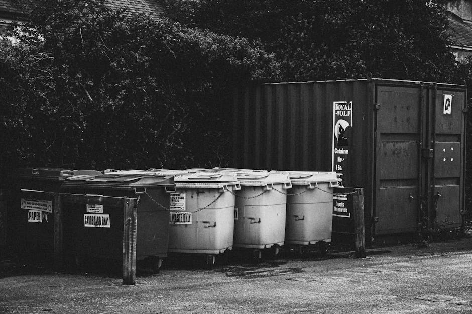 A row of five large plastic waste bins with hinged lids, situated on a paved surface outdoors. The bins are predominantly white and dark grey, with tactile textures indicating plastic material and metal handles on the lids. They are positioned side by side in front of a tall, dark-colored shipping container made of corrugated metal, which features visible rivets and a double-door locking mechanism. On the left side of the bins, there are labels indicating their designated waste types, such as 'PAPER' and 'END-OF-LIFE.' Surrounding the waste containers are partially visible wooden posts with signs attached, likely indicating recycling or waste collection instructions, and a background dense with leafy trees and bushes creating a contrasting natural backdrop. The scene appears to be in an outdoor storage or waste collection area, with natural daylight casting soft shadows and highlighting the textures of the plastics and metal surfaces, aligning with services for waste disposal or alternative rubbish removal methods in a typical residential or commercial setting.