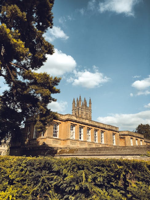 The image depicts a historic stone building with classical architectural features, including large rectangular windows with white frames, and a prominent central tower or spire with intricate detailing, rising above the roofline. The building is located outdoors, set on a slight elevation with a stone or concrete terrace in front. To the left, a tall, dense tree with dark green foliage partially obscures the view of the building, its branches extending toward the sky. In the foreground, a neatly trimmed hedge runs parallel to the building, adding greenery and a natural border to the scene. The sky above is mostly clear with a few scattered white clouds, and the lighting suggests a bright, sunny day. The setting appears to be a peaceful, well-maintained area, possibly part of a historic site or campus, with the overall scene conveying a sense of tranquility and architectural elegance relevant to local heritage and private site clearance activities like those offered by Rubbish Removal Merton in managing grounds and disposal needs after renovation or preservation projects.